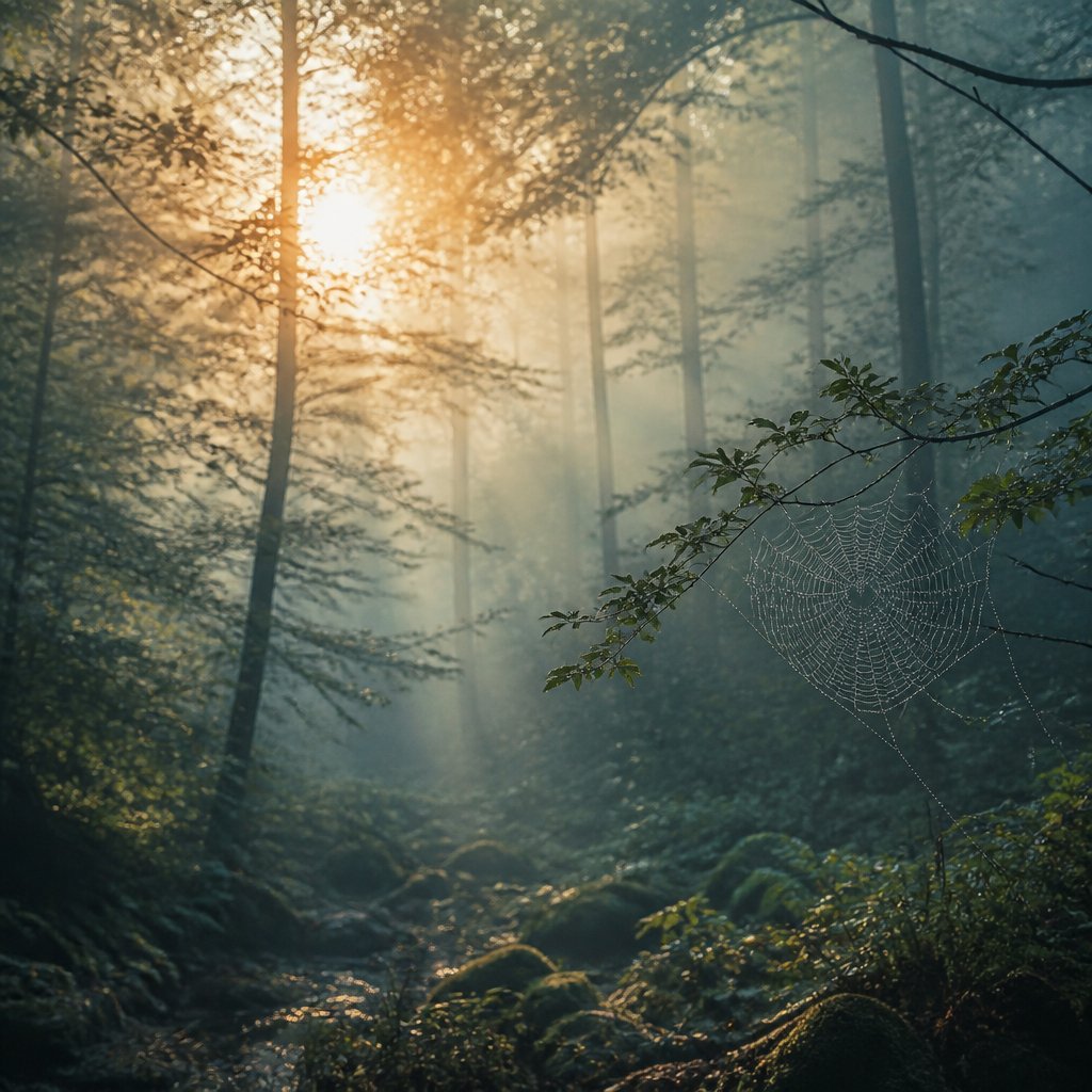 A mystical mist-shrouded forest at dawn, soft golden light filtering through the canopy above, eerie silence broken only by the distant call of a bird, delicate spider webs glistening with dew, subtle gradient of blue and green hues in the mist, shallow depth of field with a blurred forest floor visible beneath, shot on a wide-angle lens, natural misty atmosphere with diffused sunlight.